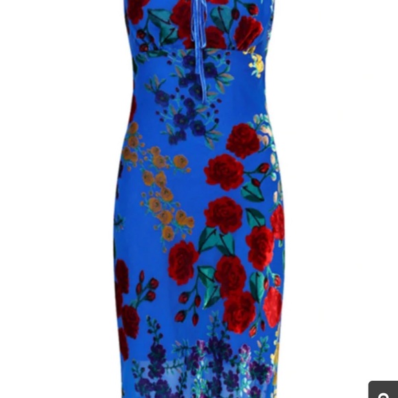 Commense Floral Blue velvet appliqué Midi Dress - Picture 2 of 6